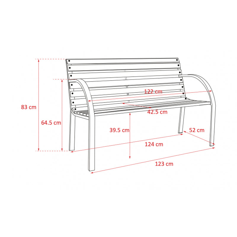 3 Seater Garden Patio Bench Oakwood Slats Metal Legs 122cm